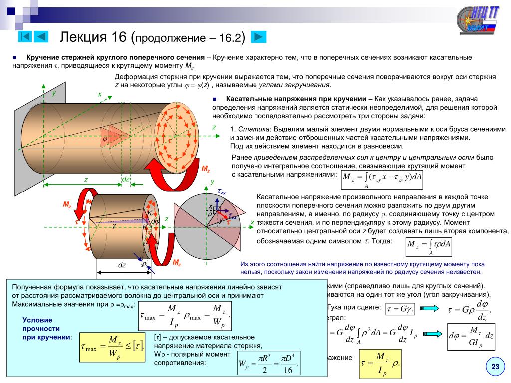 Нормальная касательная. Кручение стержня круглого сечения – расчетная схема. Перемещения при кручении стержня прямоугольного сечения. Крутильная жёсткость вала круглого поперечного сечения. Деформации и напряжения при кручении круглых стержней..